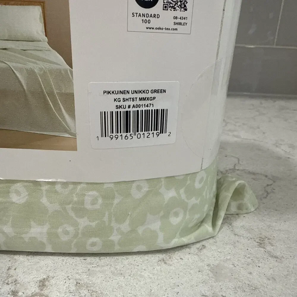 Marimekko Pikkuinen Unikko Green KING Sheet Set Floral Cotton 4 Pc NWT OEKO